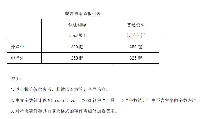 蒙古語翻譯價(jià)格